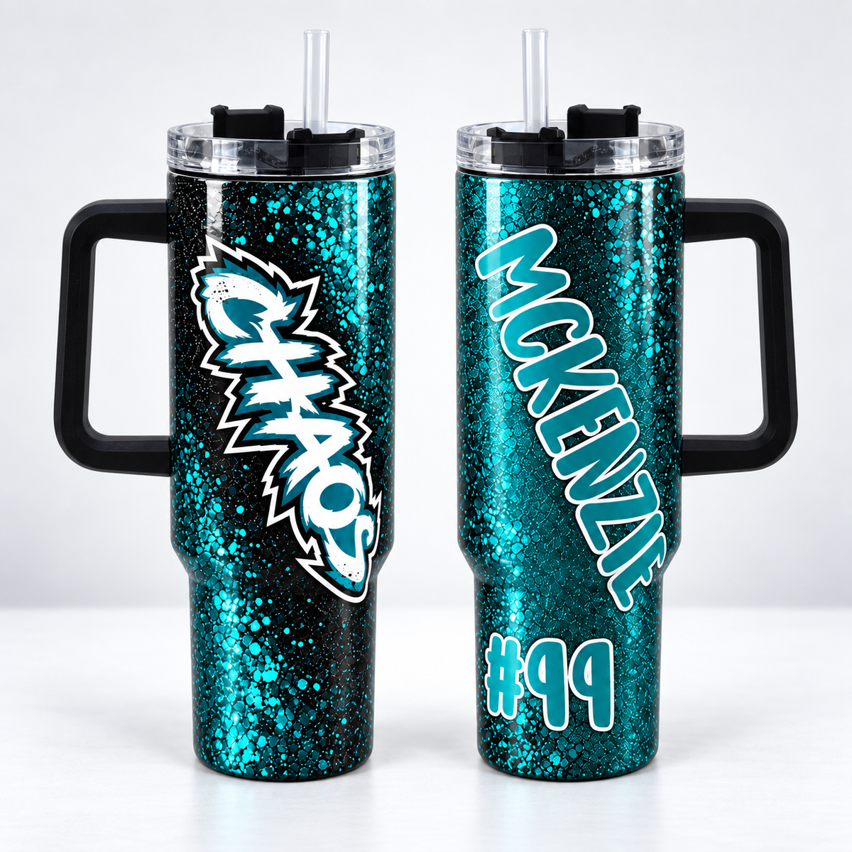 Personalized CHAOS 40 oz Glitter Handle Tumbler