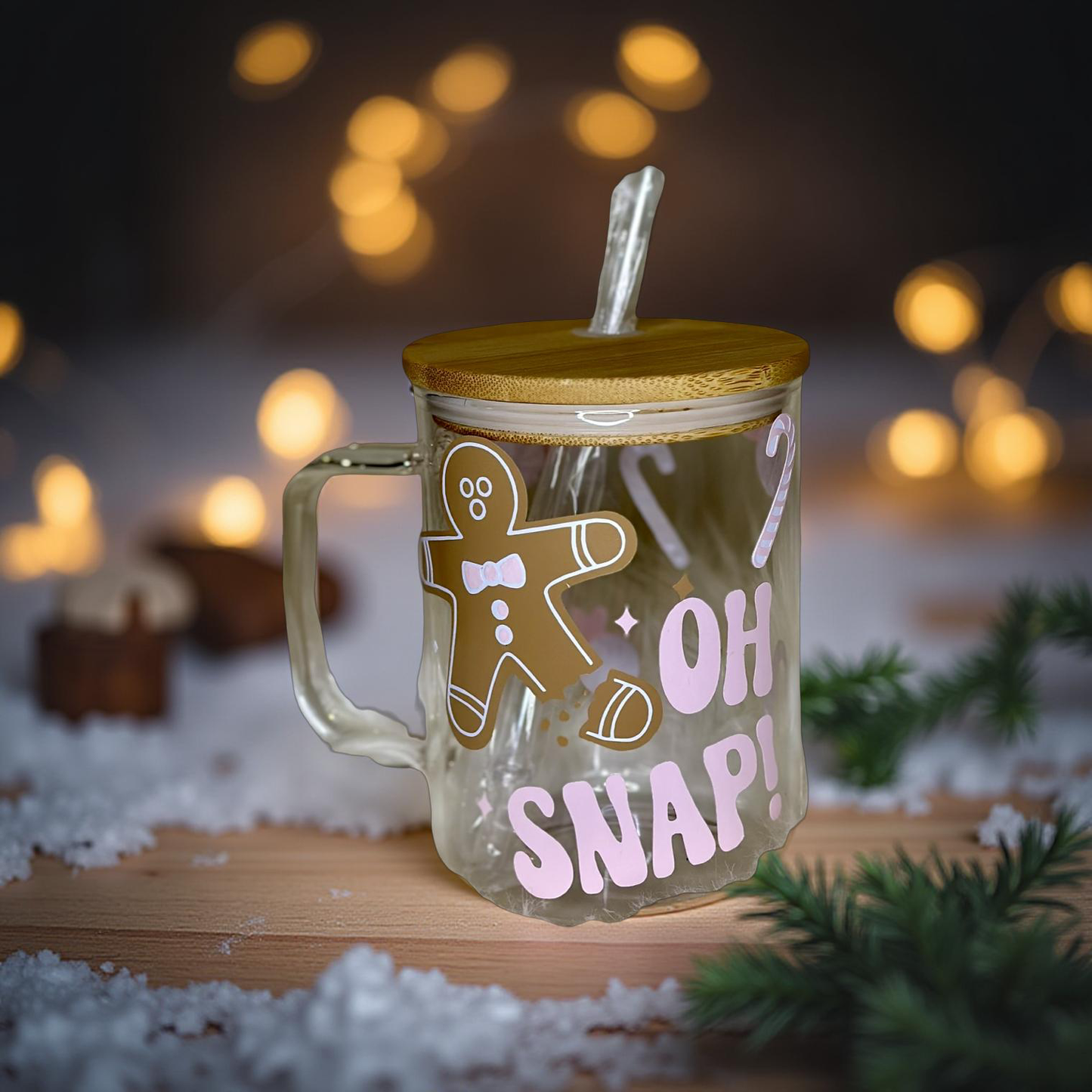 Glass Coffee Cup with Bamboo Lid & Glass Straw – “Oh Snap!” Gingerbread Holiday Mug