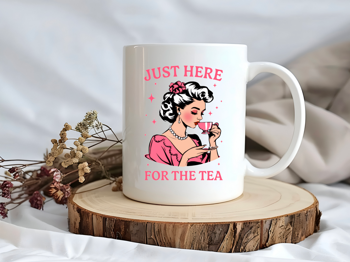 Retro Housewife Ceramic Coffee Mug – “Just Here for the Tea”