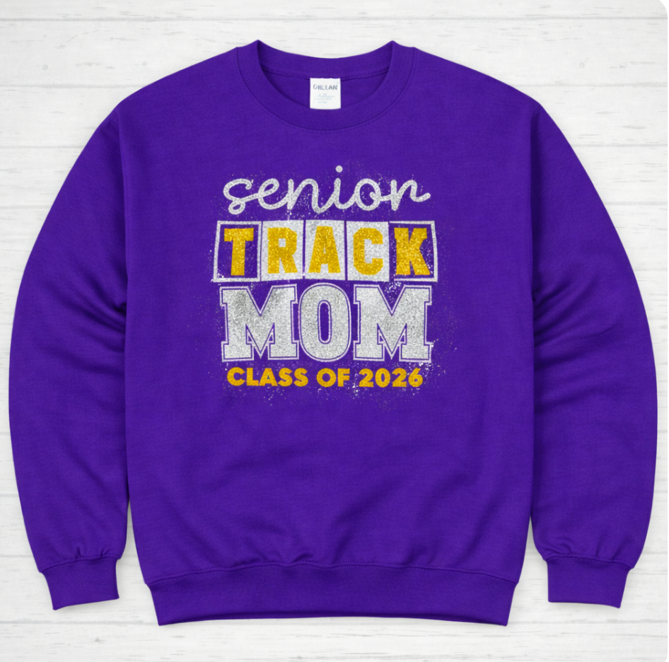 Glitter Senior Track Mom Crewneck Sweatshirt – Class of 2026 | Gildan Unisex Crewneck