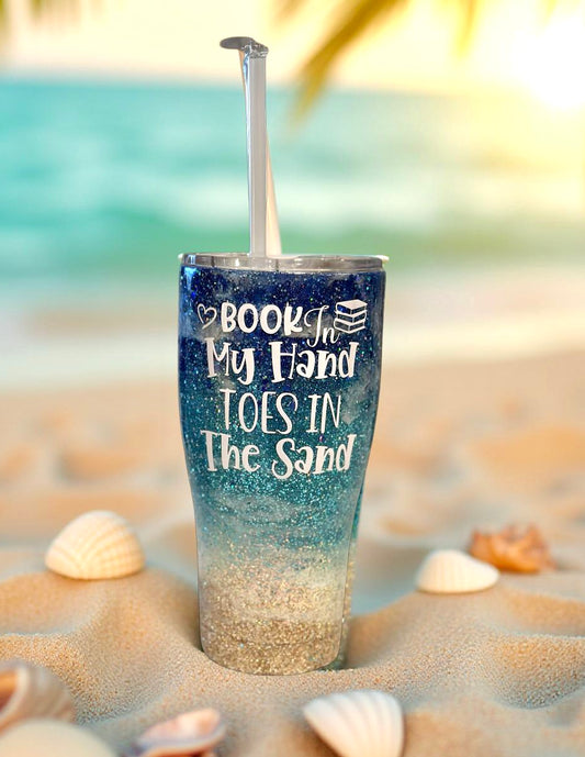✨ 30oz Glitter Tumbler – “Book in My Hand, Toes in the Sand” | Beach Lover Gift | Summer Reading Cup