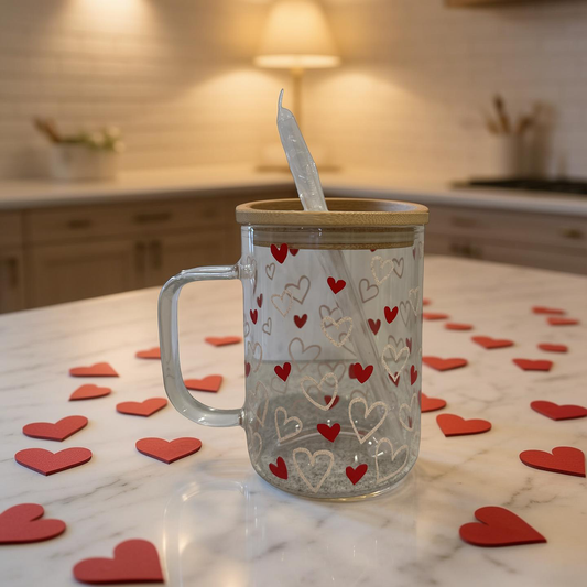 15 oz Valentine’s Day Glass Mug – Red & Pink Hearts | Perfect Gift for Love & Friendship