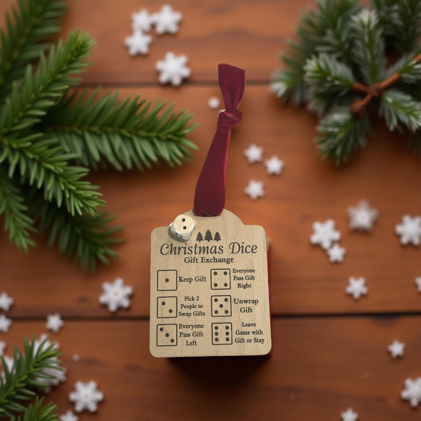 Christmas Dice Gift Exchange Ornament – Wooden Holiday Game Tag