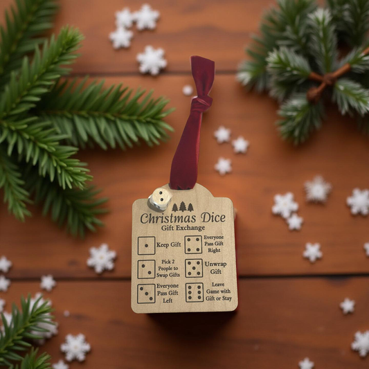 Christmas Dice Gift Exchange Ornament – Wooden Holiday Game Tag