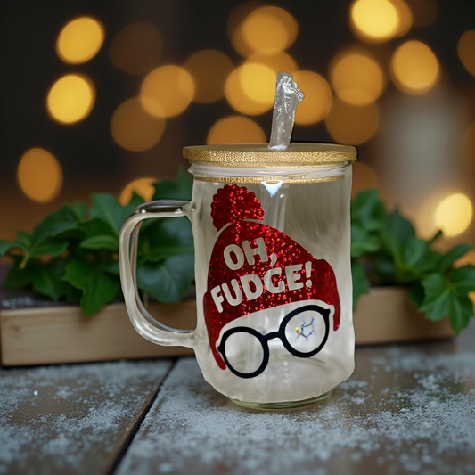 Glass Coffee Cup with Bamboo Lid &amp; Glass Straw – “Oh Fudge!” Holiday Mug