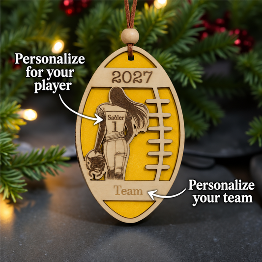 Personalized Wooden Football Ornament – Custom Player Name, Number & Team