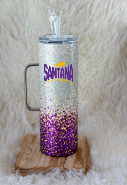 Santana Track & Field 30 oz Glitter Stainless Steel Tumbler | Personalized Name + Team Logo | Purple & Gold Custom Team Cup