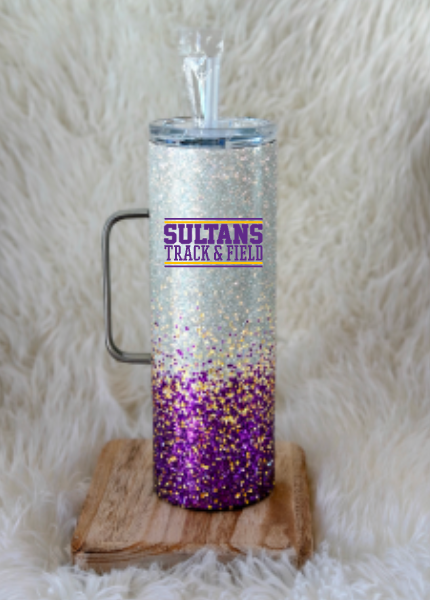 Santana Track & Field 30 oz Glitter Stainless Steel Tumbler | Personalized Name + Team Logo | Purple & Gold Custom Team Cup