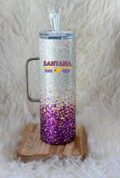 Santana Track & Field 30 oz Glitter Stainless Steel Tumbler | Personalized Name + Team Logo | Purple & Gold Custom Team Cup