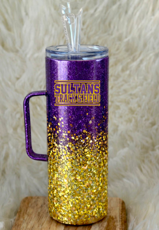 Santana Track & Field 30 oz Glitter Stainless Steel Tumbler | Personalized Name + Team Logo | Purple & Gold Custom Team Cup