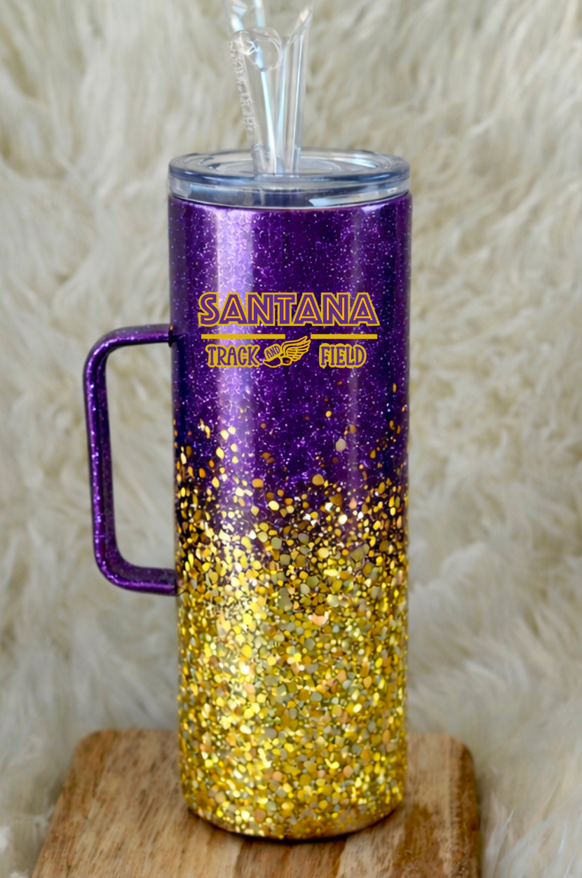 Santana Track & Field 30 oz Glitter Stainless Steel Tumbler | Personalized Name + Team Logo | Purple & Gold Custom Team Cup