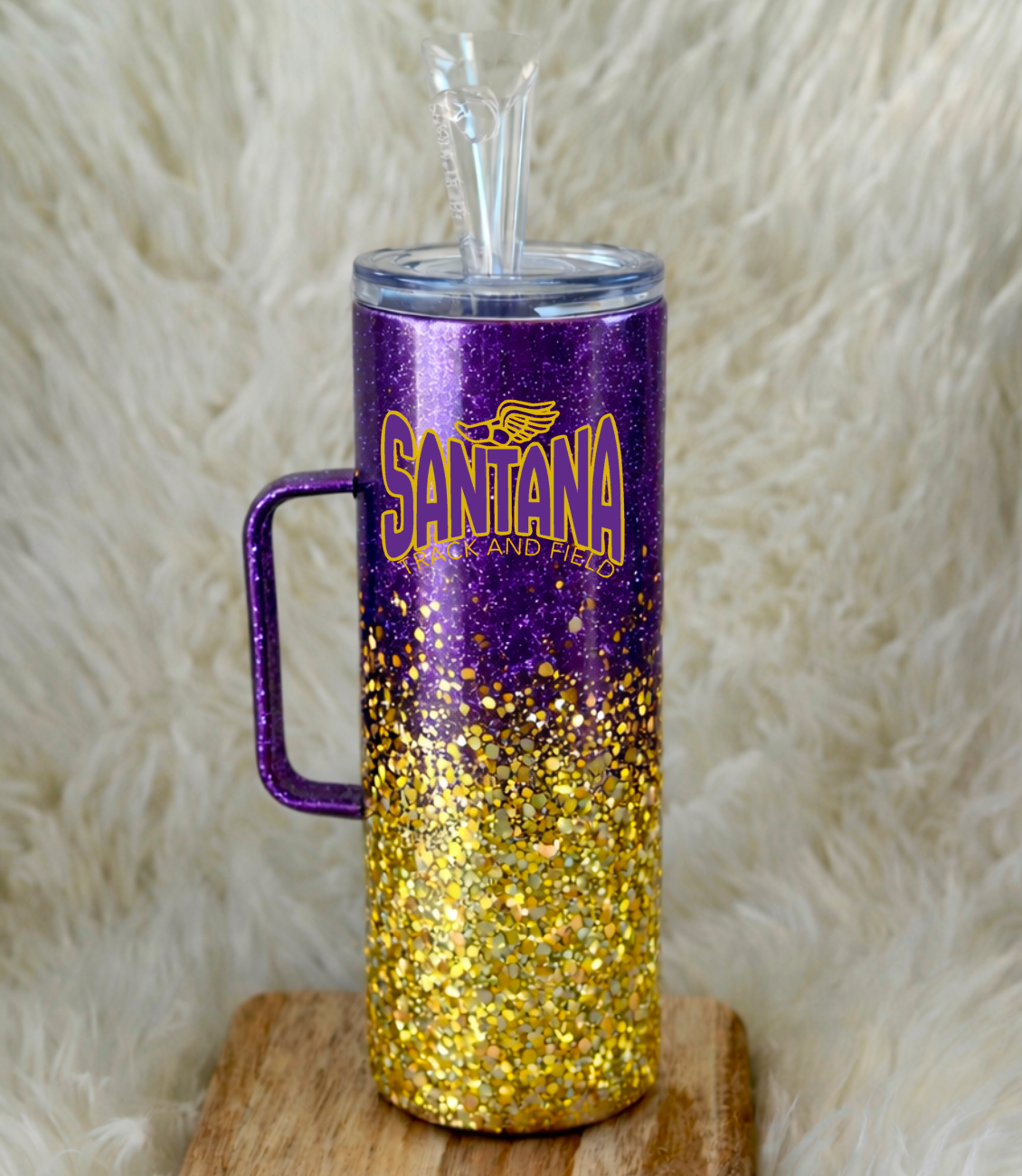 Santana Track & Field 30 oz Glitter Stainless Steel Tumbler | Personalized Name + Team Logo | Purple & Gold Custom Team Cup