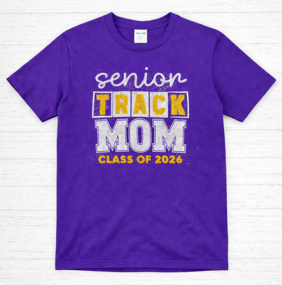Glitter Senior Track Mom HTV Shirt – Class of 2026 | Gildan Softstyle Unisex Tee