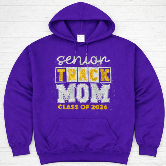 Glitter Senior Track Mom Hoodie – Class of 2026 | Gildan Unisex Hoodie