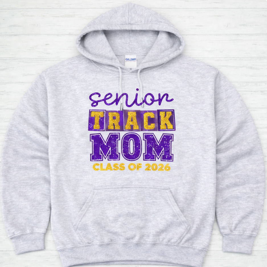 Glitter Senior Track Mom Hoodie – Class of 2026 | Gildan Unisex Hoodie