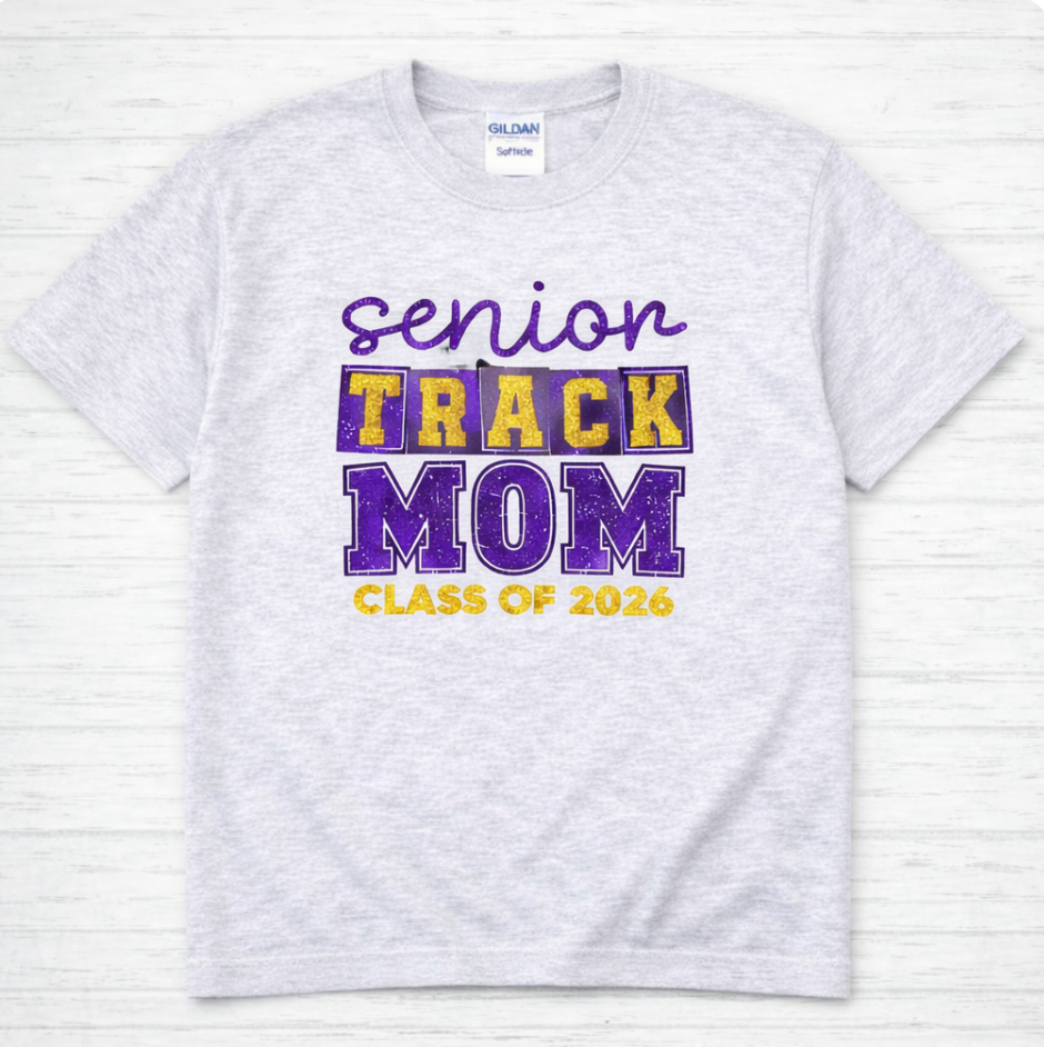 Glitter Senior Track Mom HTV Shirt – Class of 2026 | Gildan Softstyle Unisex Tee
