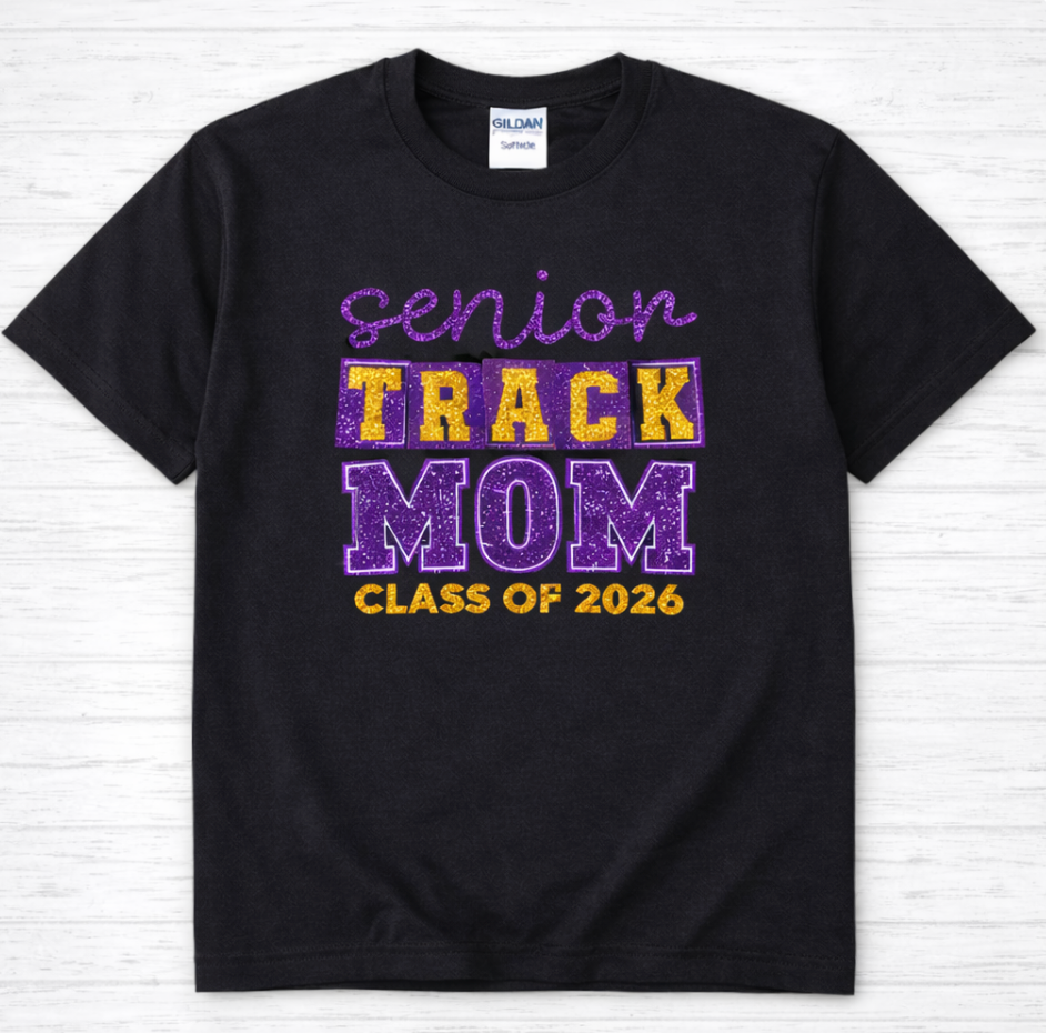 Glitter Senior Track Mom HTV Shirt – Class of 2026 | Gildan Softstyle Unisex Tee