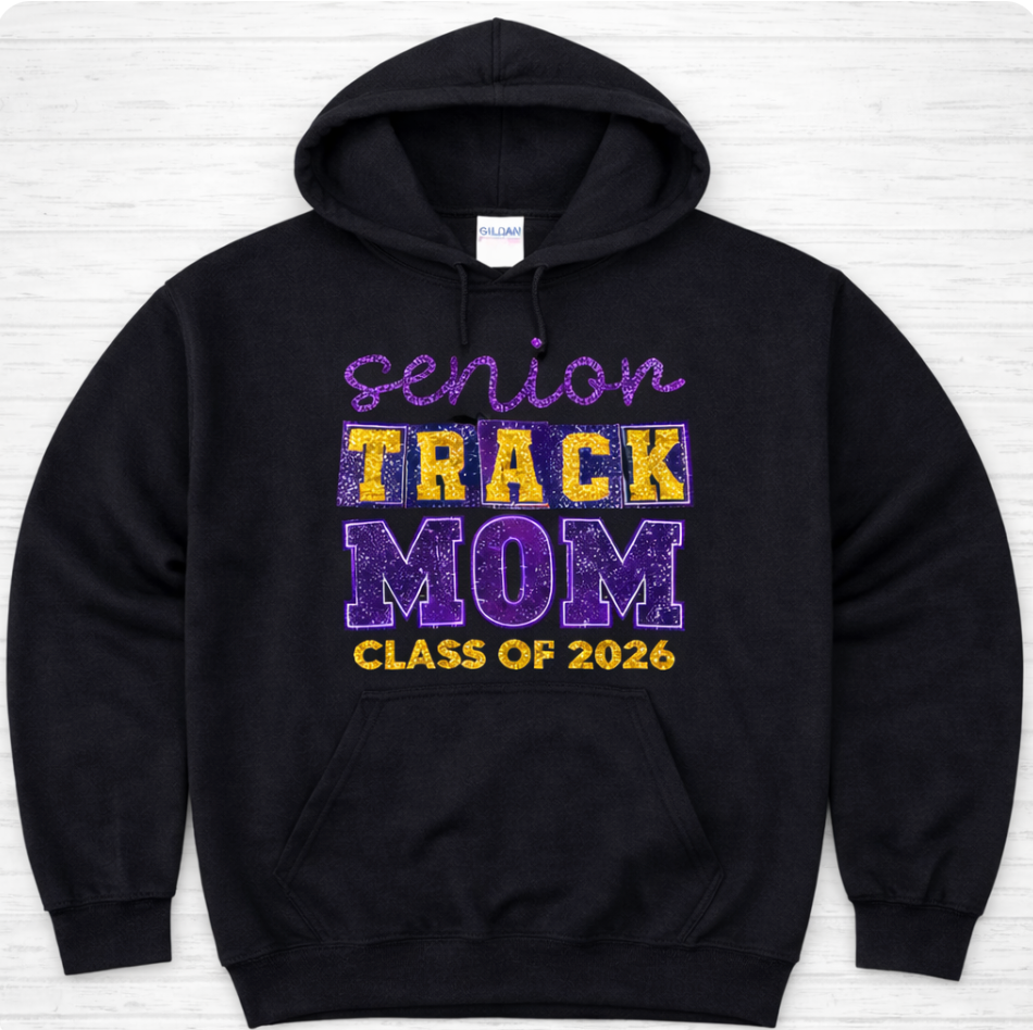 Glitter Senior Track Mom Hoodie – Class of 2026 | Gildan Unisex Hoodie