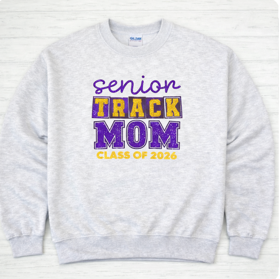 Glitter Senior Track Mom Crewneck Sweatshirt – Class of 2026 | Gildan Unisex Crewneck