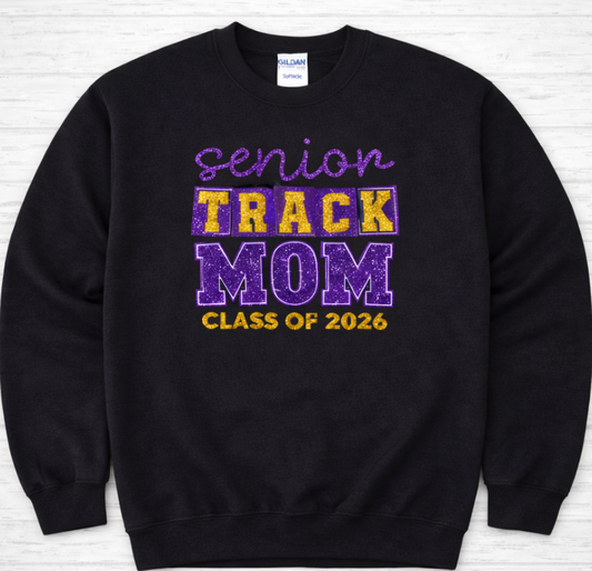 Glitter Senior Track Mom Crewneck Sweatshirt – Class of 2026 | Gildan Unisex Crewneck